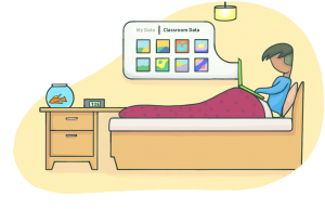 Drawing of learner on bed with laptop